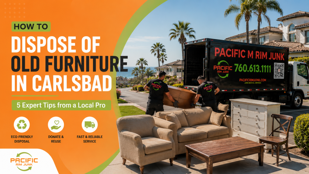 Professional old furniture removal service in Carlsbad with eco-friendly couch pickup and disposal by Pacific Rim Junk.